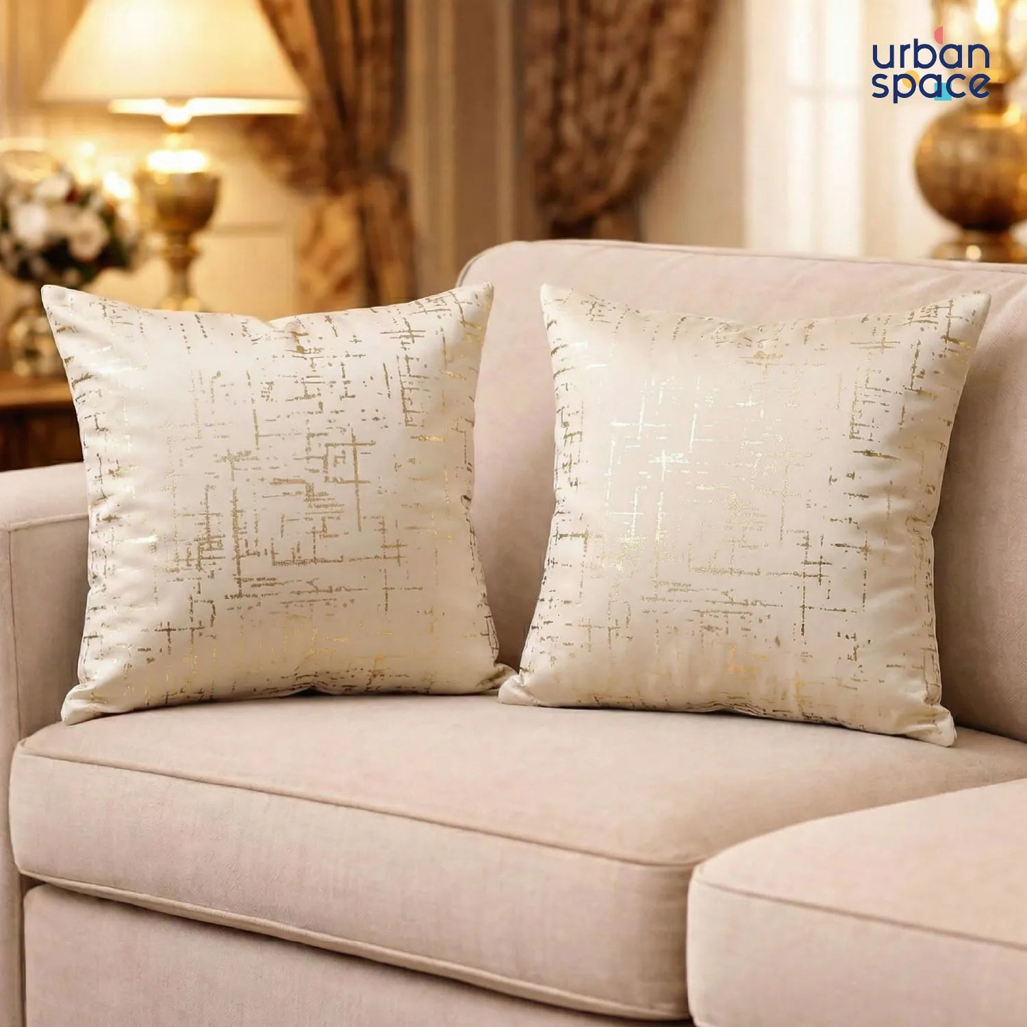 Decorative Gold Foil Cushion Cover, for Sofa, Bedroom, Living Room - Set of 2 - Sparkle Beige