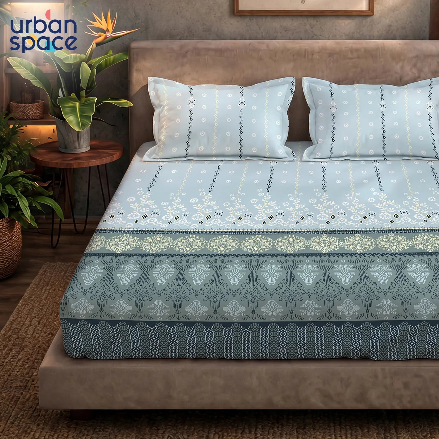 Serene 200 TC 100% Cotton Bedsheet with Pillow Covers - Origami Teal Grey