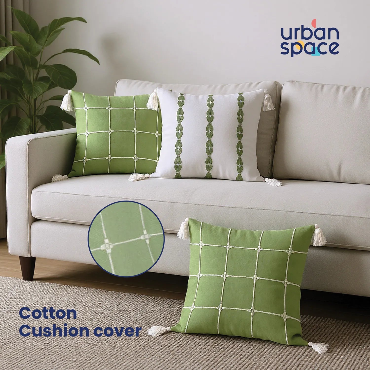 Embroidered Cotton Cushion Cover, for Sofa, Bedroom, Living Room - Set of 3 - Aura Checks Sage Green