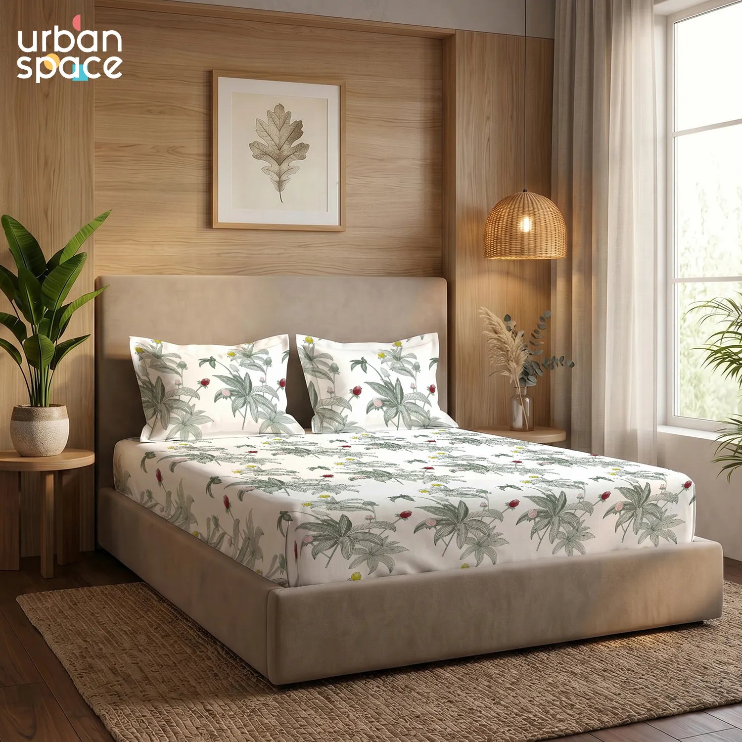 200 TC Glaced Cotton Microfiber Bedsheet with Pillow Covers - Leaf Dreams