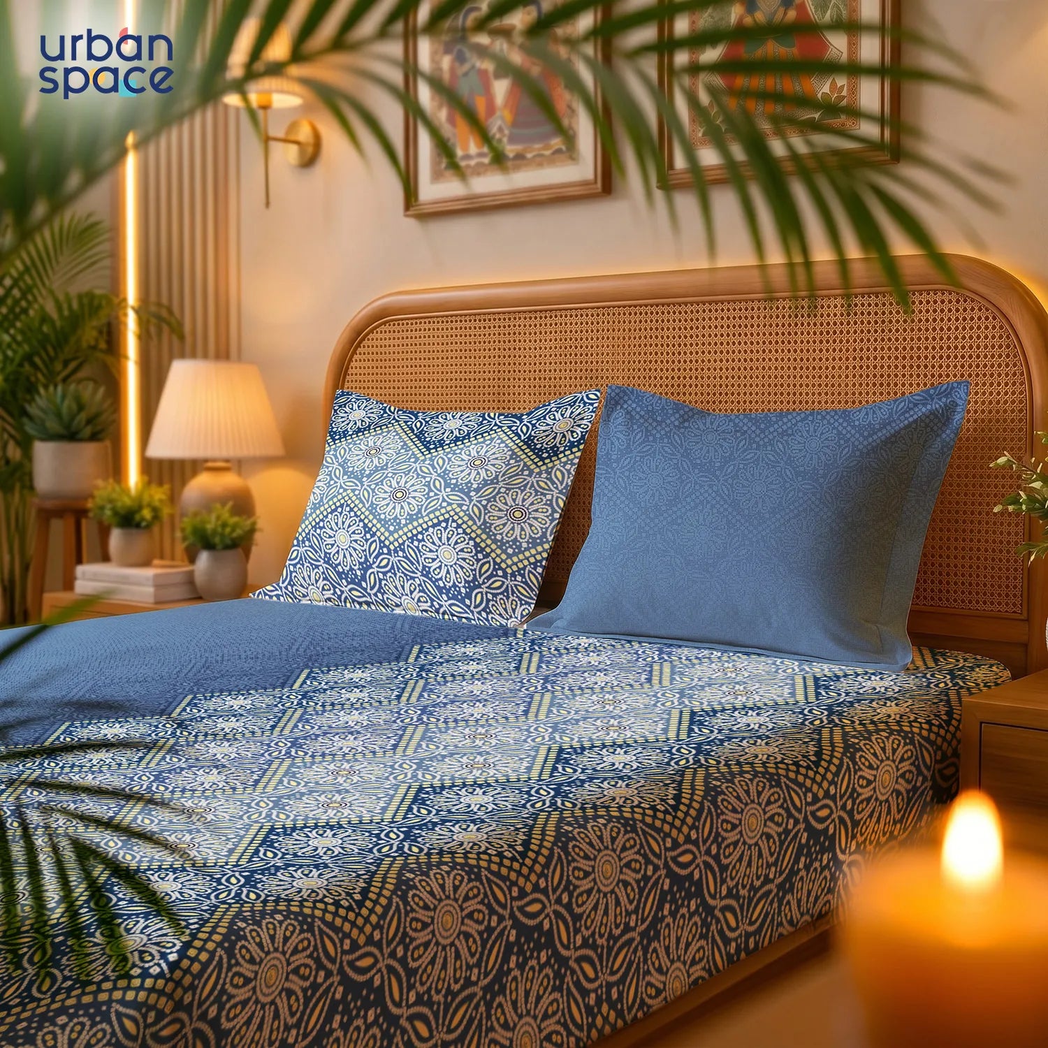 Serene 200 TC 100% Cotton Bedsheet with Pillow Covers - Lehriya Blue
