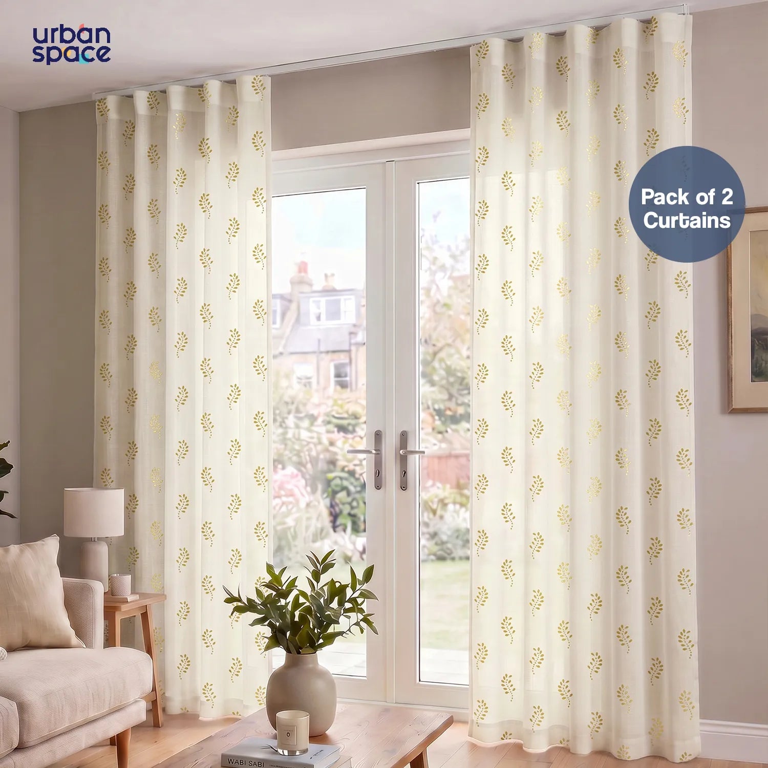 Linen Textured Metallic Gold Foil Sheer Curtains with Track Channel, Pack of 2 Curtains - Tara Buttercream