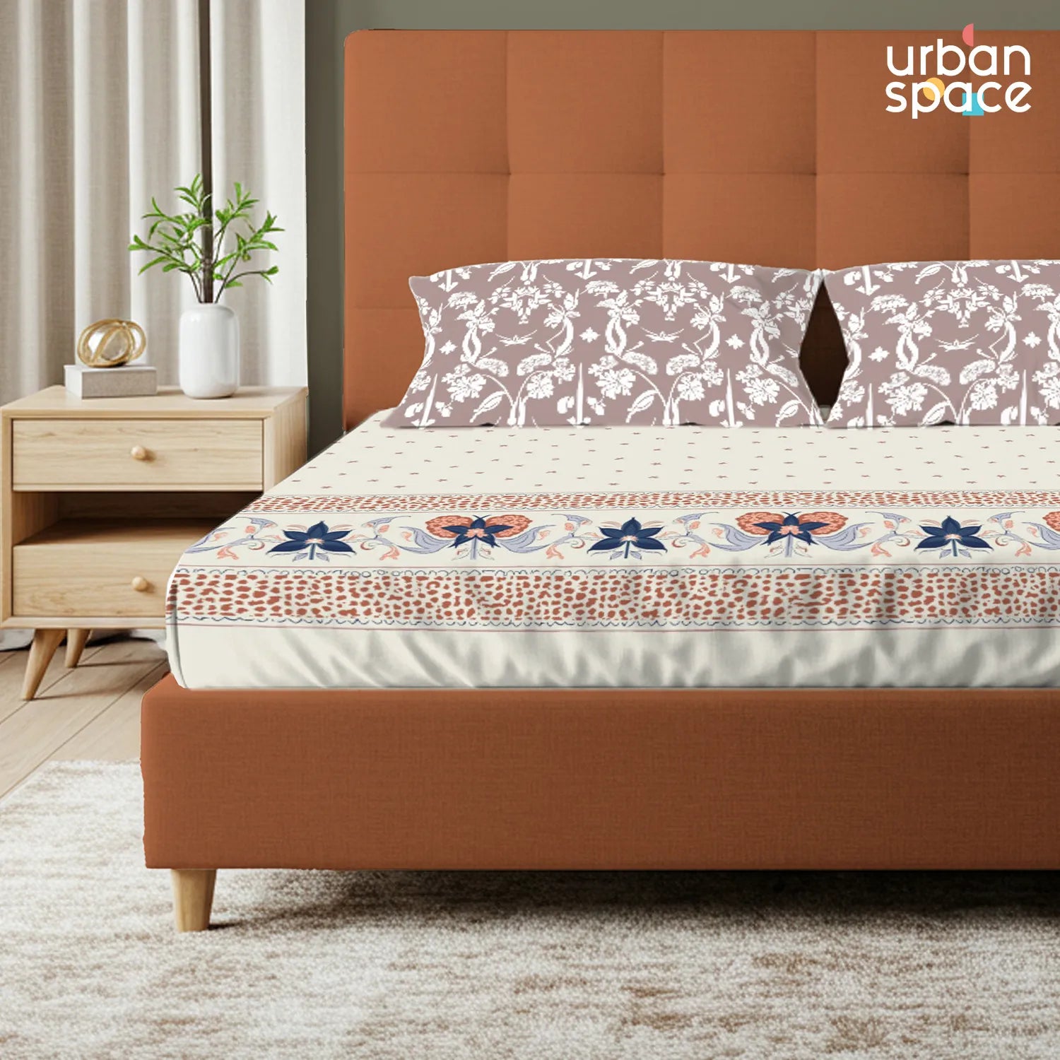 Serene 200 TC 100% Cotton Bedsheet with Pillow Covers - Ivy Bloom Terra