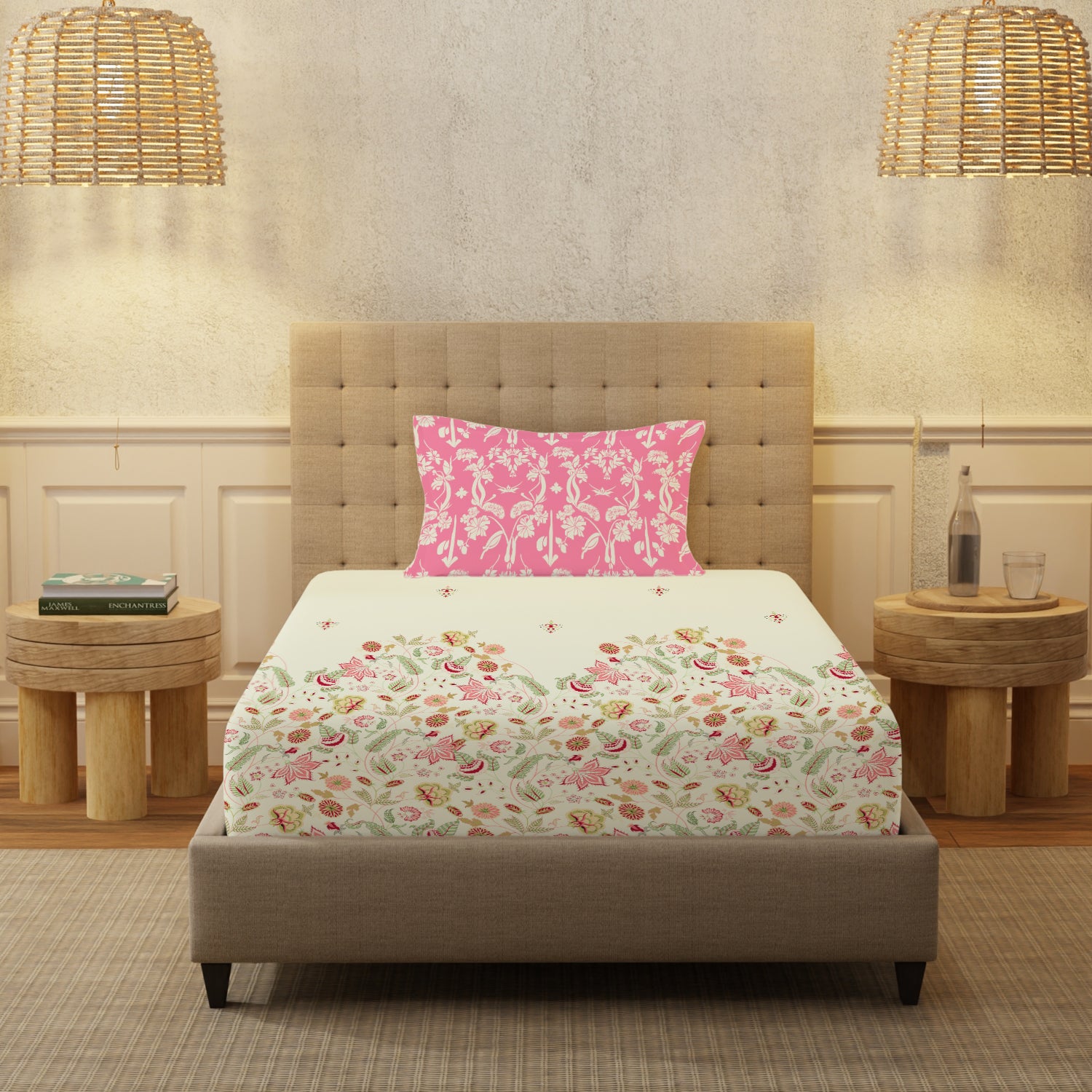 Serene 200 TC 100% Cotton Single Bedsheet with Pillow Covers - Vine Gardens Peach Pink