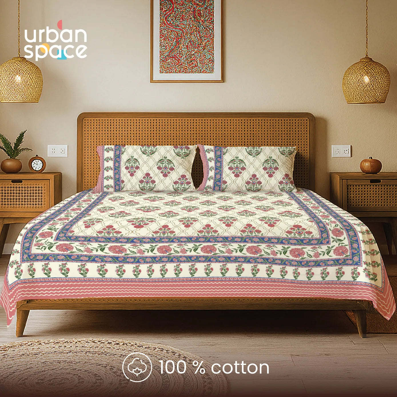 Rajasthani Ethnic 100% Cotton Bedsheet with 2 Pillow Covers - Amberjaal Pink