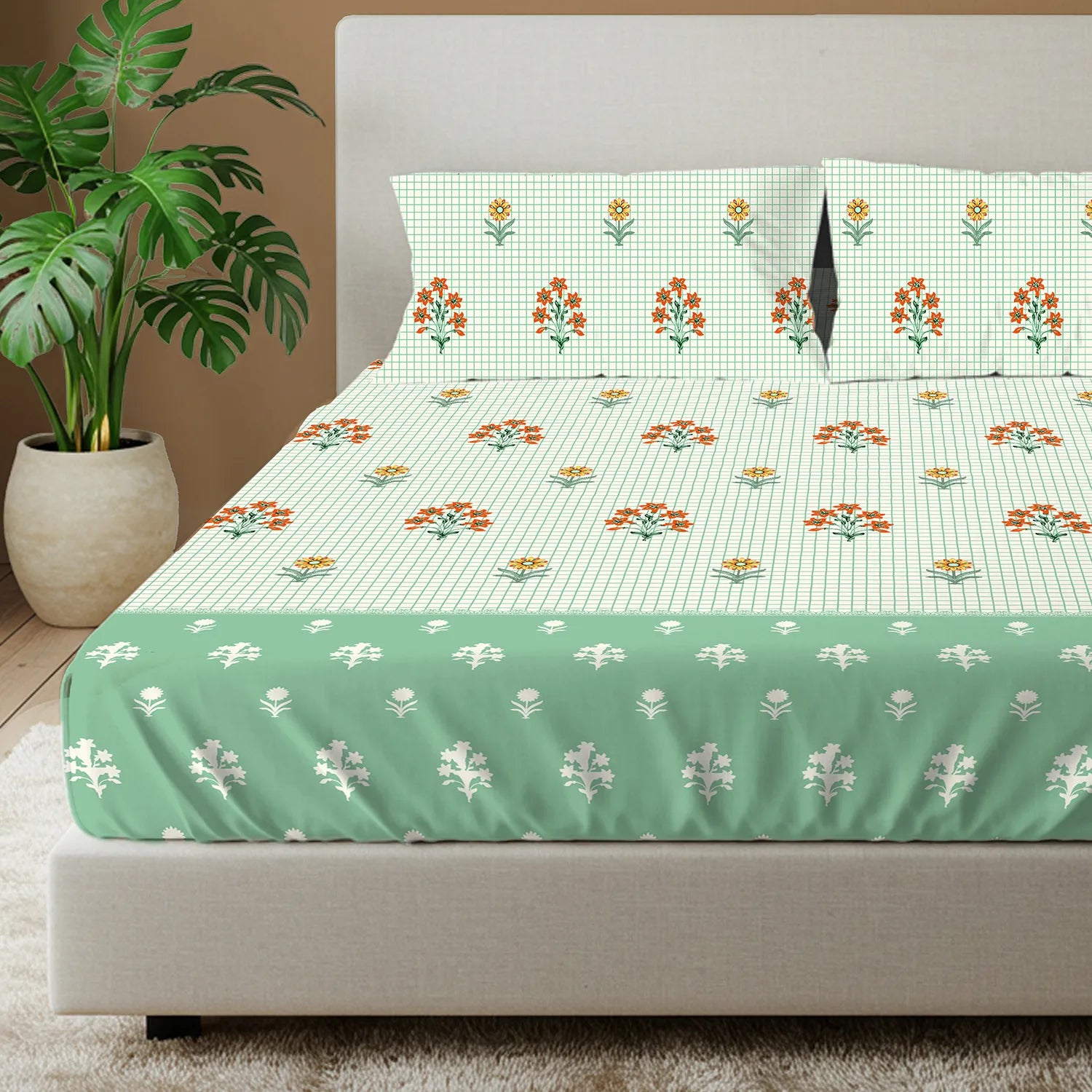 Divine Collection - Cotton Bedsheet With 2 Pillow Covers, Magnolia Sage Green