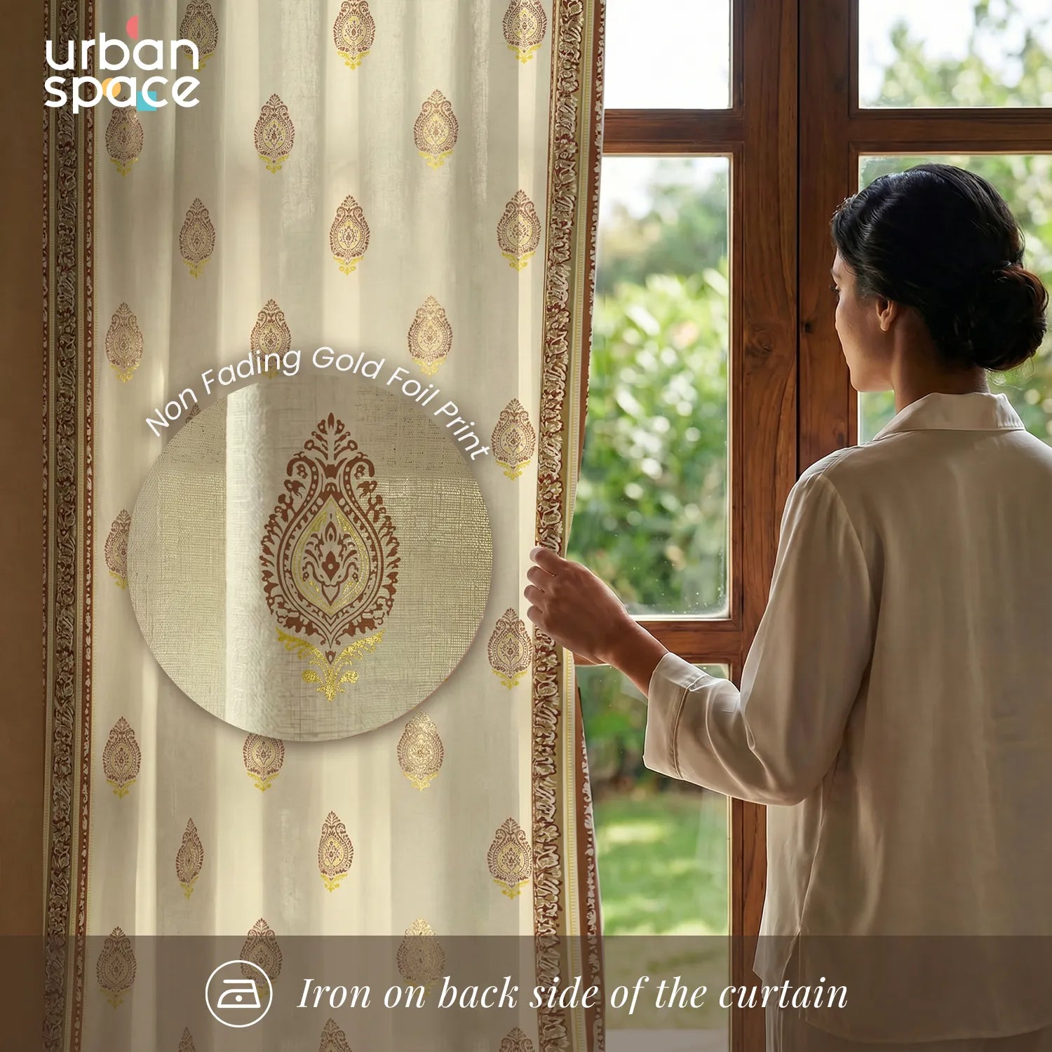 100% Cotton Gold Foil Curtains for Living Room, Bedroom curtains - Pack of 2 curtains, Zari Buta Brown Gold