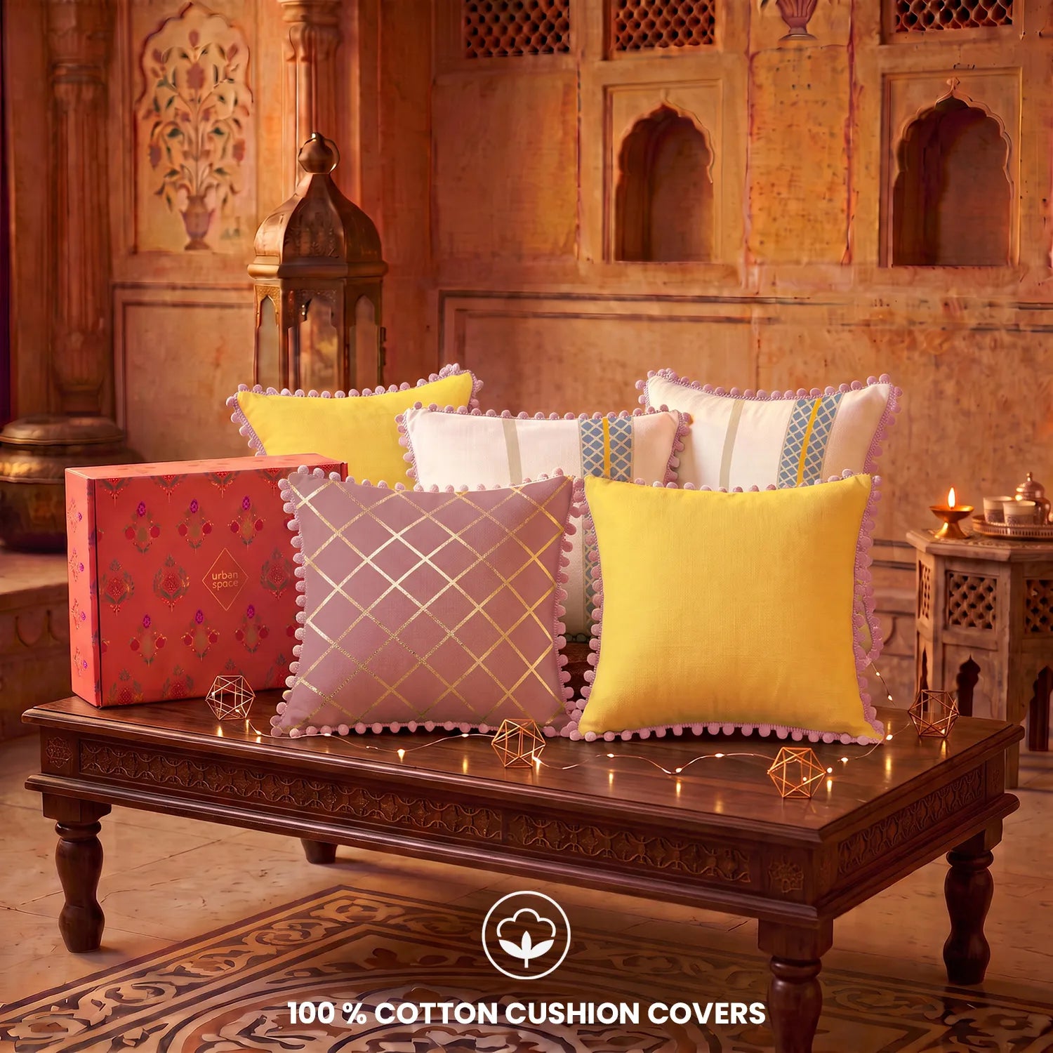 Set of 5 Foil Printed Cotton Cushion Covers in Giftbox - Zari & Aura Yellow