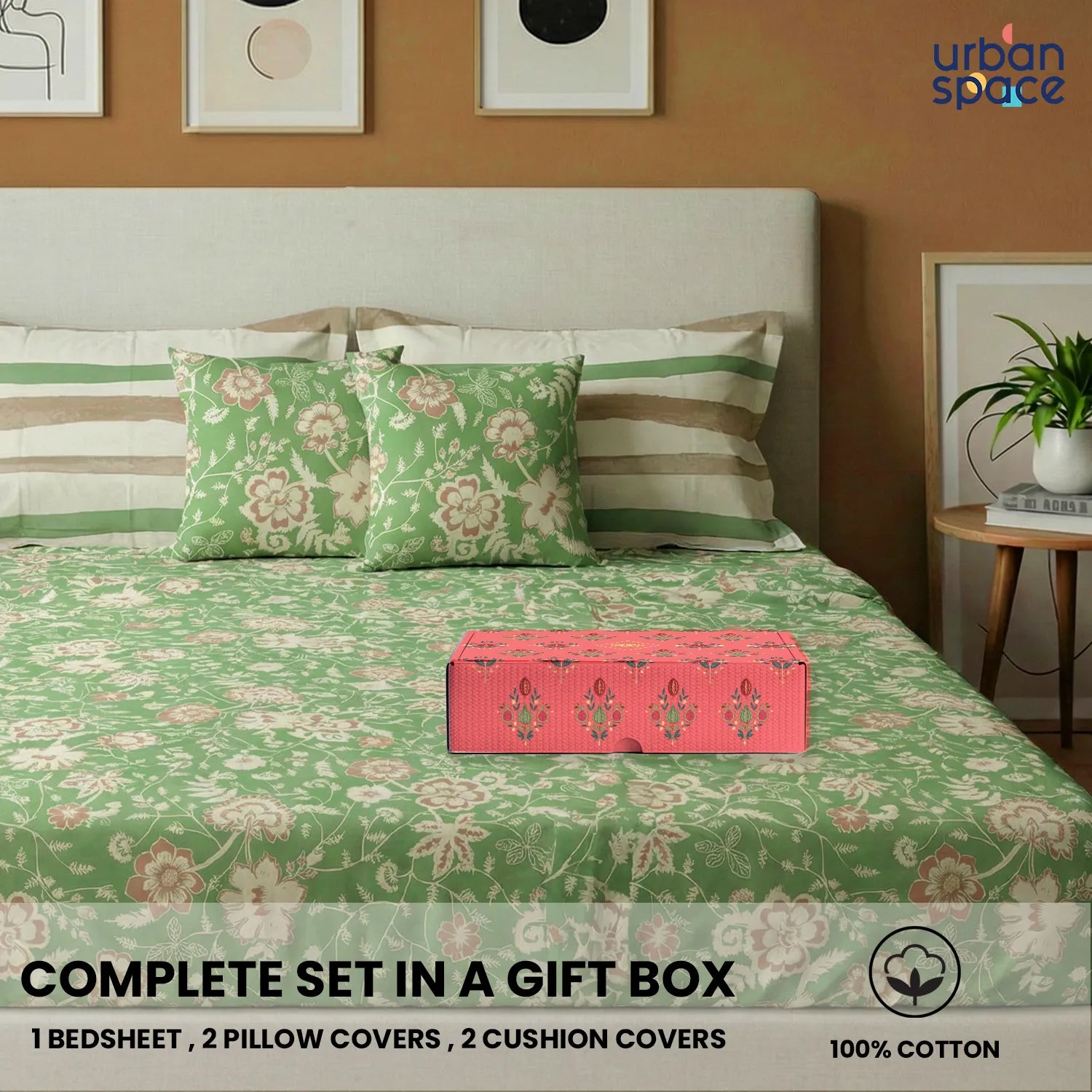 5 PC Cotton Bedsheet Set, Double/Queen Bedsheet in Giftbox- Viola Sage Green
