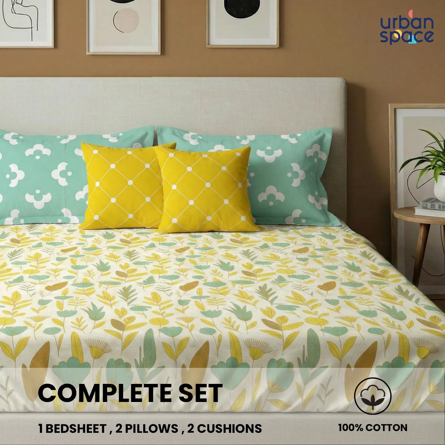 5 PC Cotton Bedsheet Set with 2 Pillow + 2 Cushion Covers - Mist Mint Green