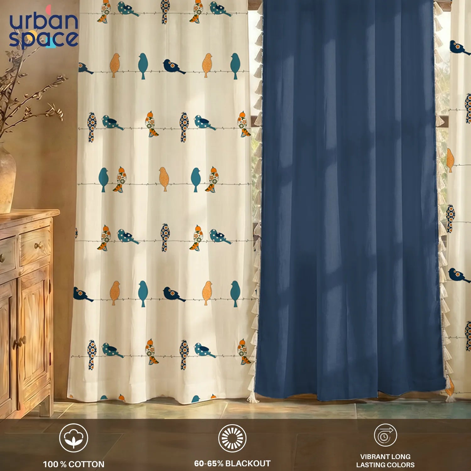 Cotton Curtains Combo, Set of 3 curtains, 60-65% Room Darkening Curtain - Humming Bird Blue & Aura Indigo