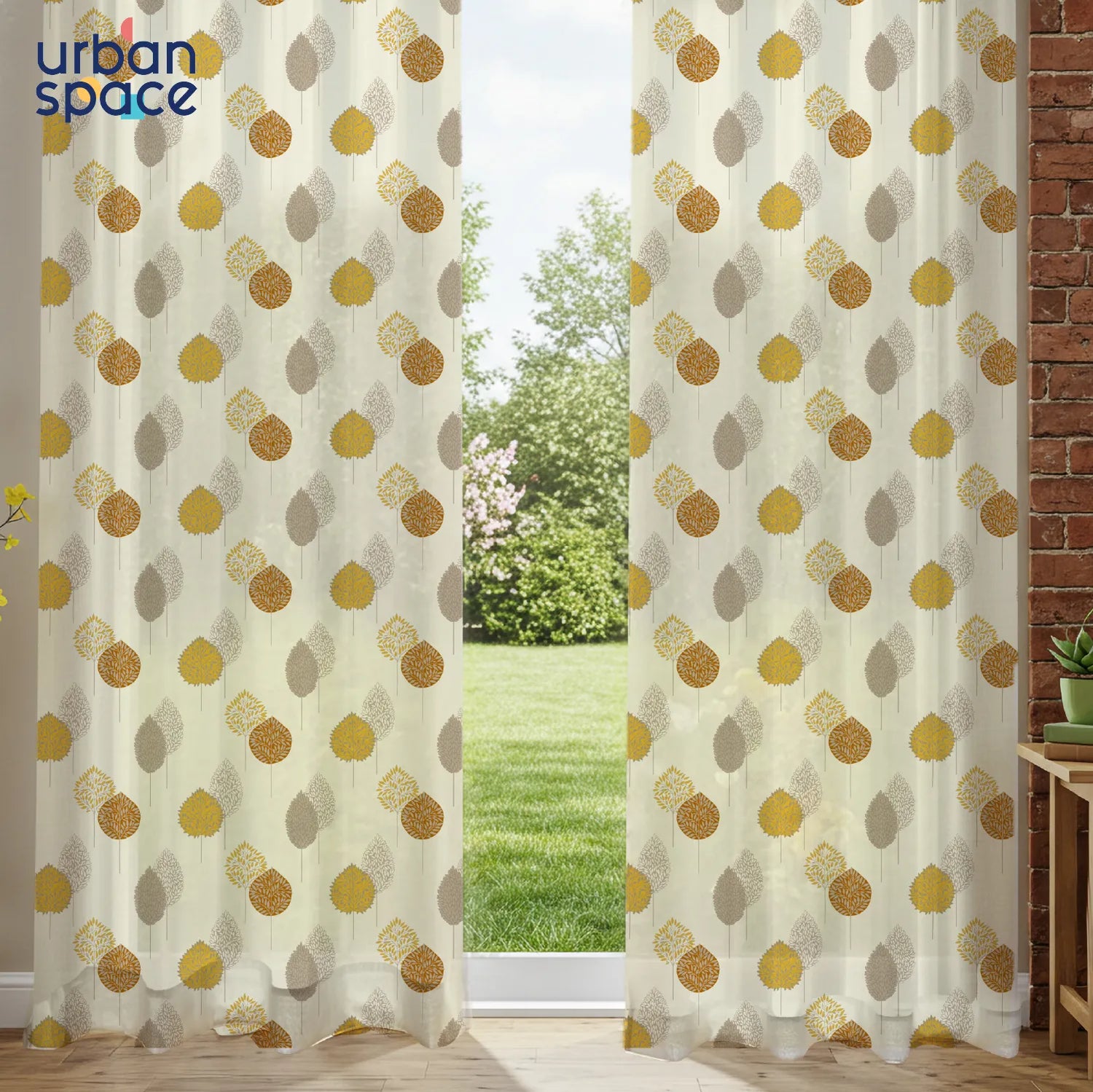 Sheer Curtains, Linen Textured & Digital Printed, Pack of 2 - Drops Mustard