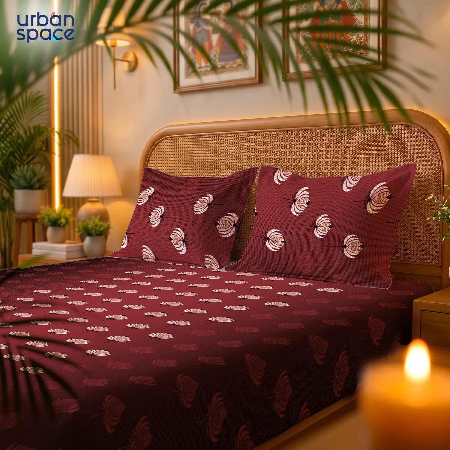 Serene 200 TC 100% Cotton Bedsheet with Pillow Covers - Midnight Lotus Deep Maroon