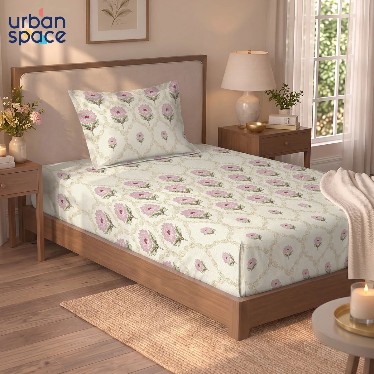 Serene 300 TC 100% Cotton Single Bedsheet with Pillow Covers - Heirloom Pink