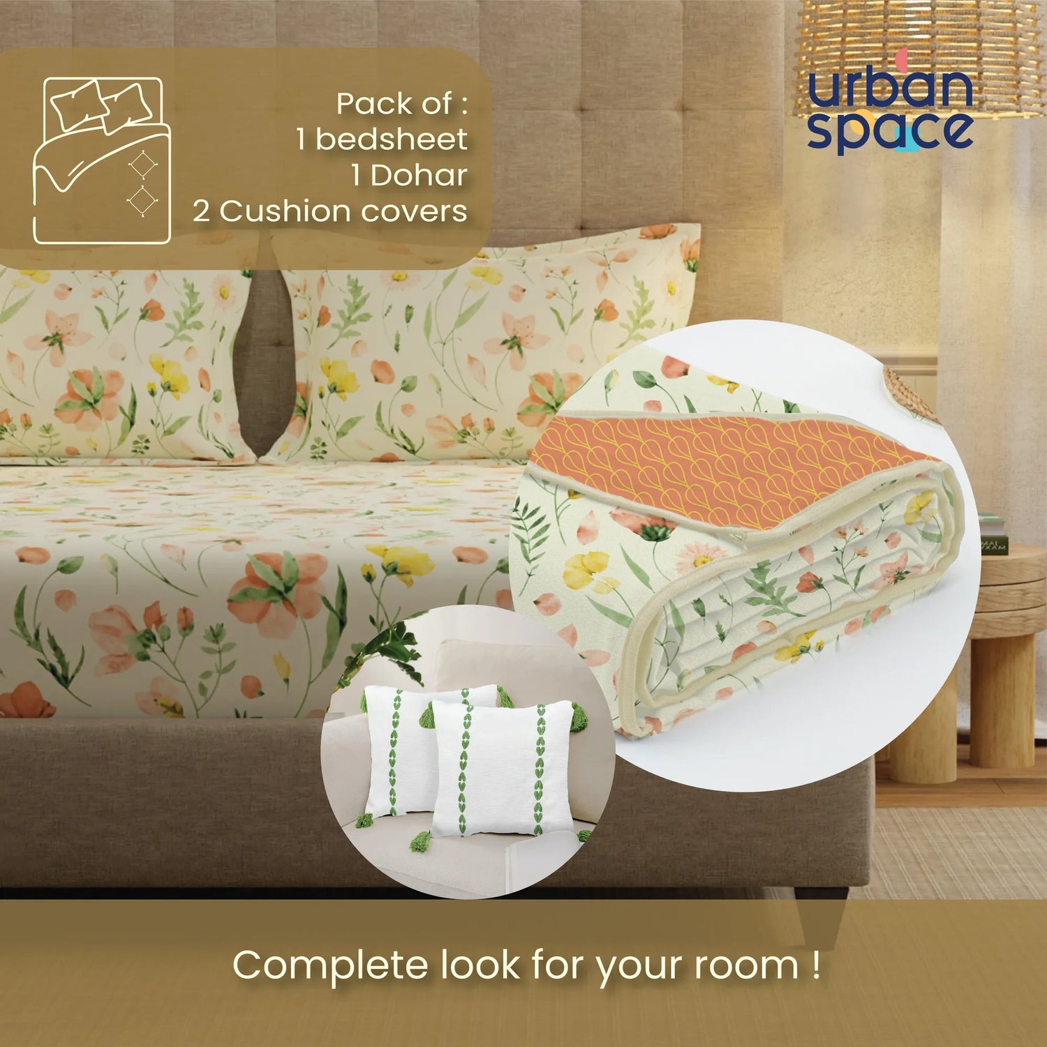 6 Pc Cotton Bedding Set in Gift Box, Meadows Buttercream