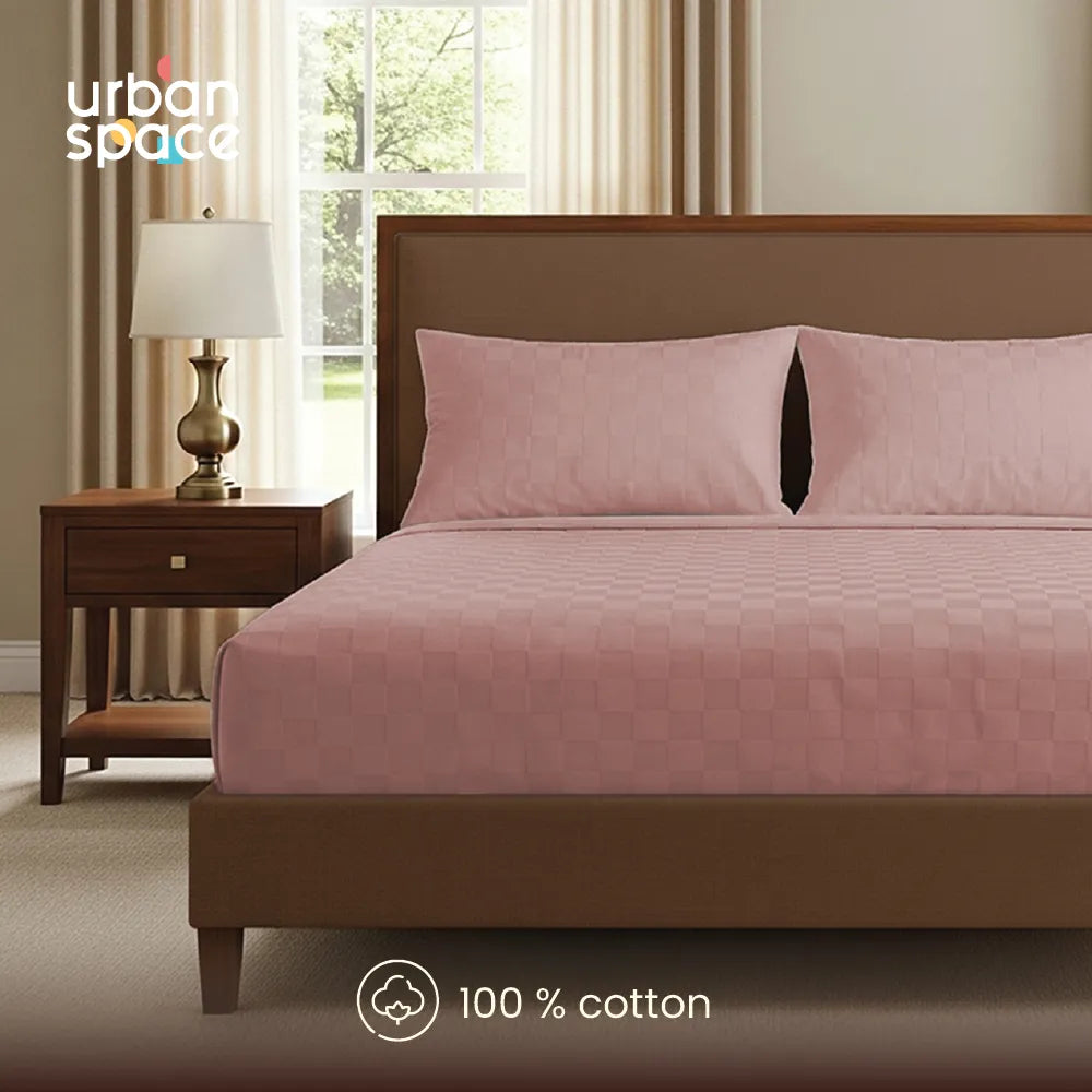 300 TC Super Soft King Bedsheet, Self Woven Cubes Design - Dusty Pink Cubes