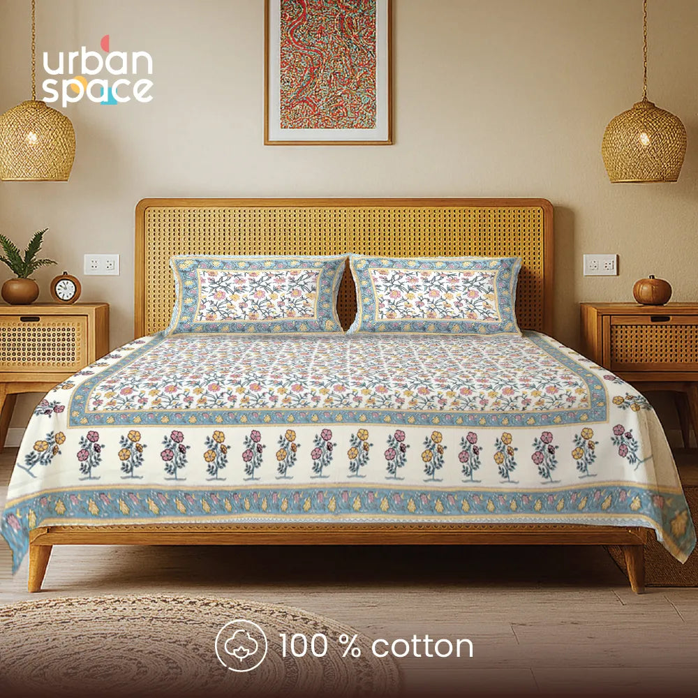 Rajasthani Ethnic 100% Cotton Bedsheet with 2 Pillow Covers, King Bed - Jagmandir Blue