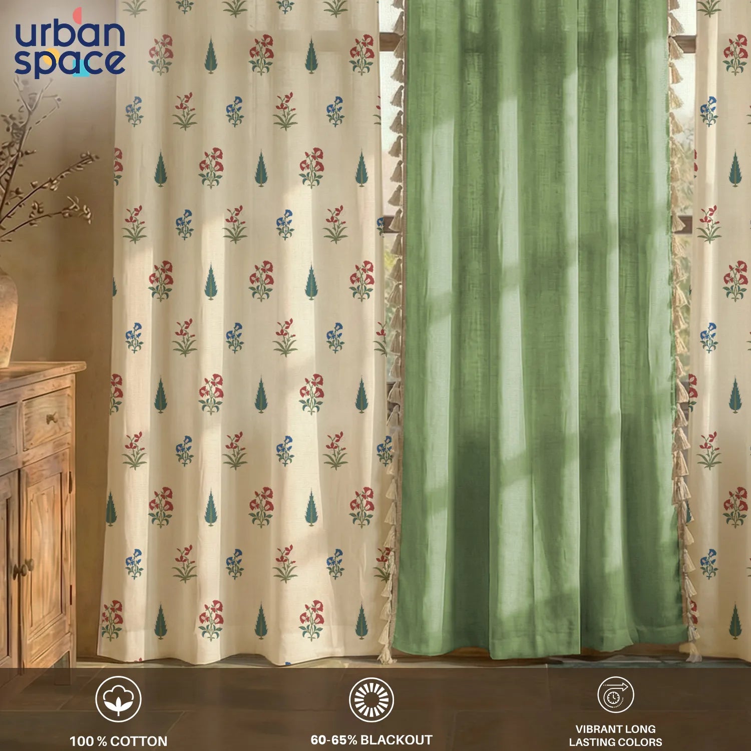 Cotton Curtains Combo, Set of 3 curtains, 60-65% Room Darkening Curtain - High Garden Red & Aura Green