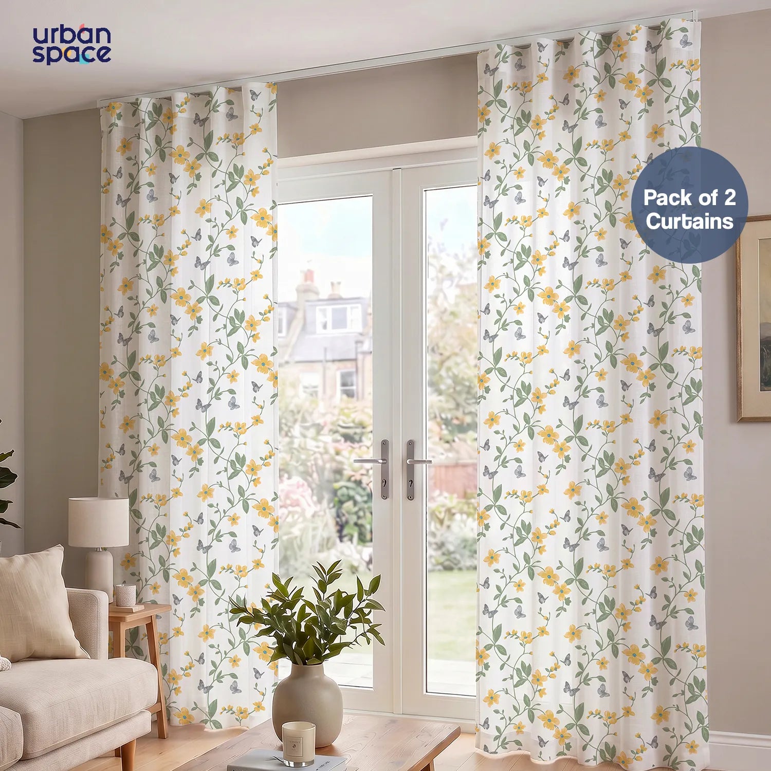Printed Sheer Linen Curtains with Track Channel, Light Filtering, Pack of 2 Curtains - Floral Yellow