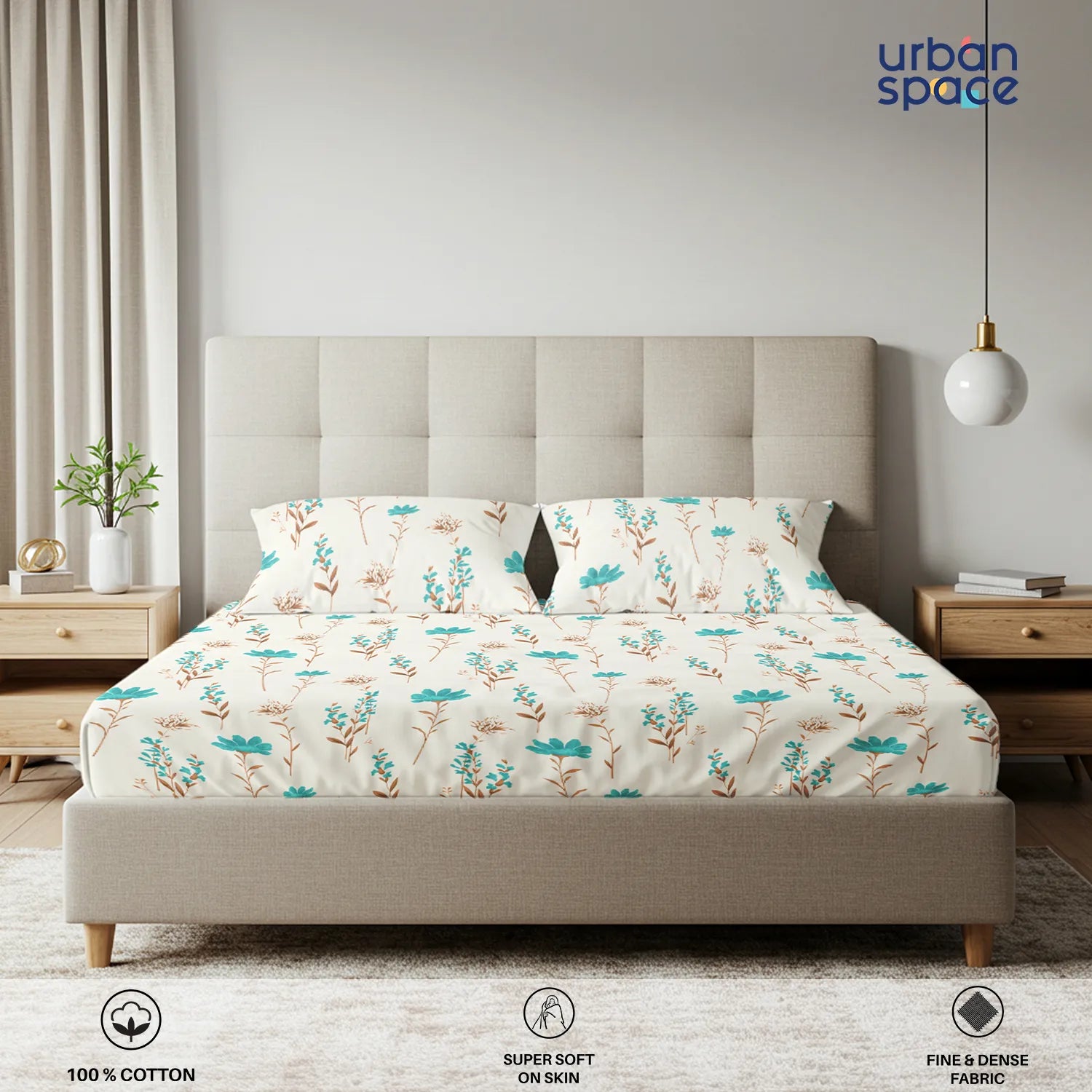Fitted King Size Cotton Bedsheet - Orchid Blooms - Turquoise