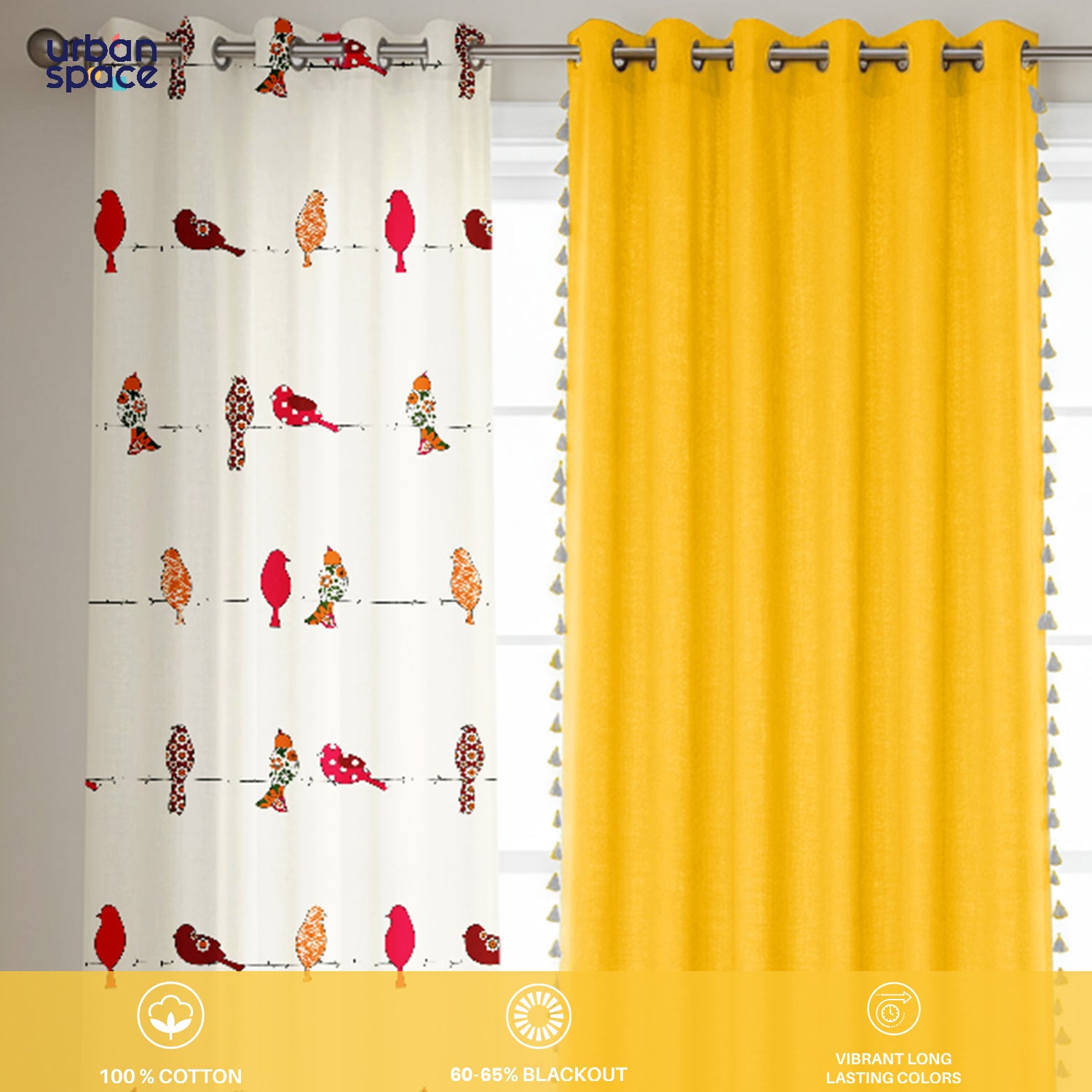 Cotton Curtains Combo, Set of 3 curtains, 60-65% Room Darkening Curtain - Humming Bird Red & Aura Yellow