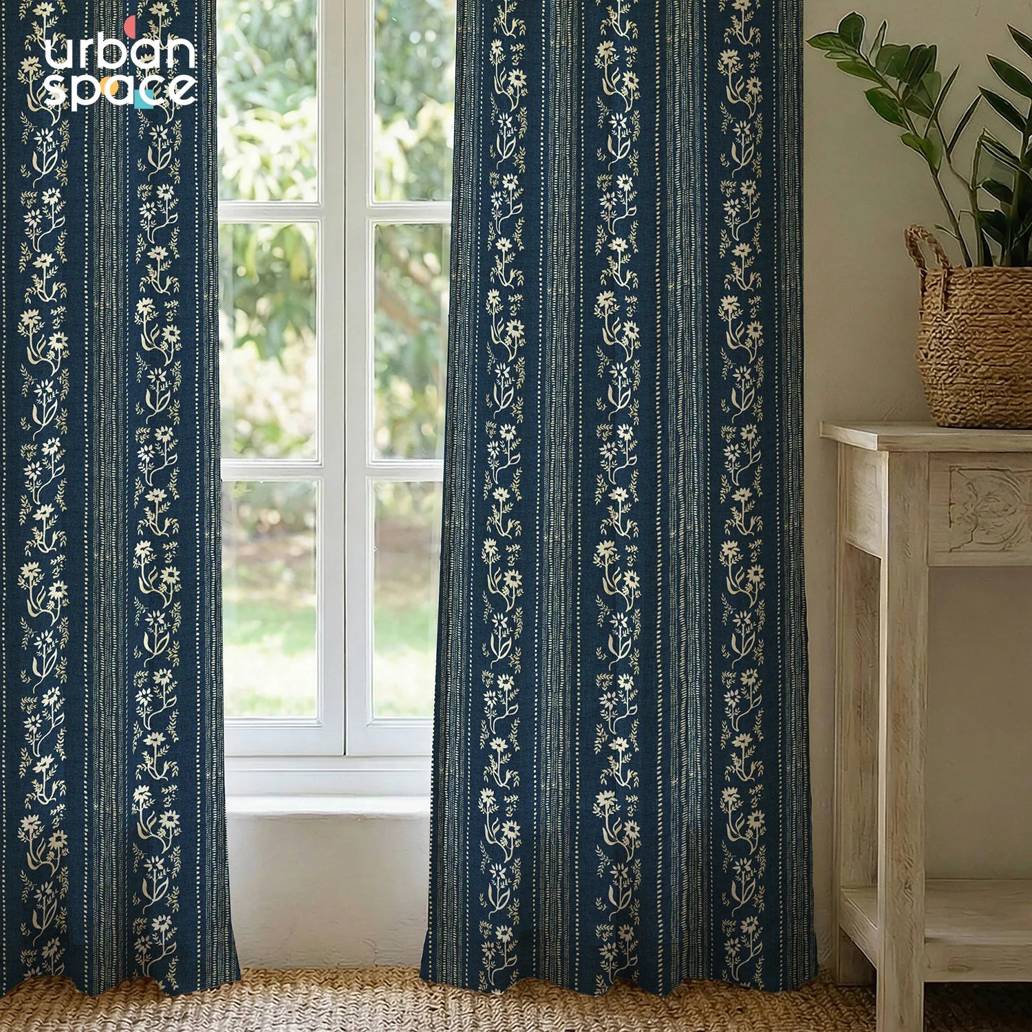 100% Cotton Curtains for Living Room, Bedroom curtains - Pack of 2 curtains, Garden Trail Indigo