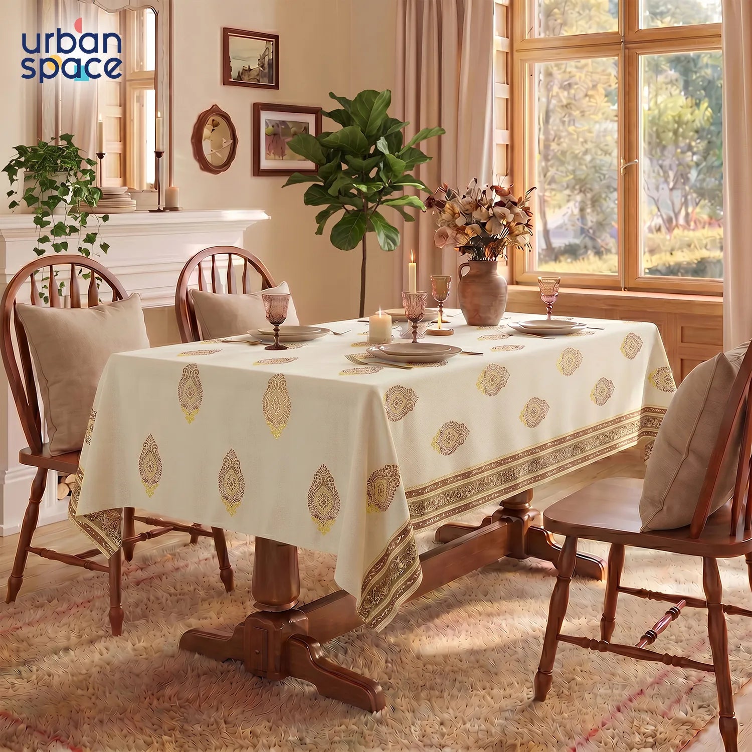 100% Cotton Table cloth/ table cover for 4 or 6 seater Dining / Centre Table - Zari Buta Brown