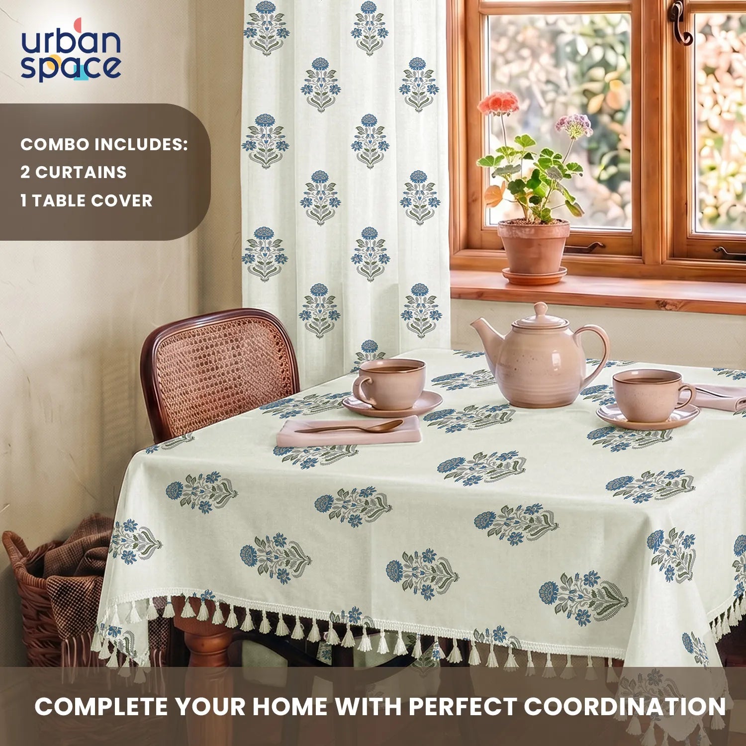 100% Cotton Pack of 2 Curtains & Table Cover Combo for Living Room - Liberty Blue