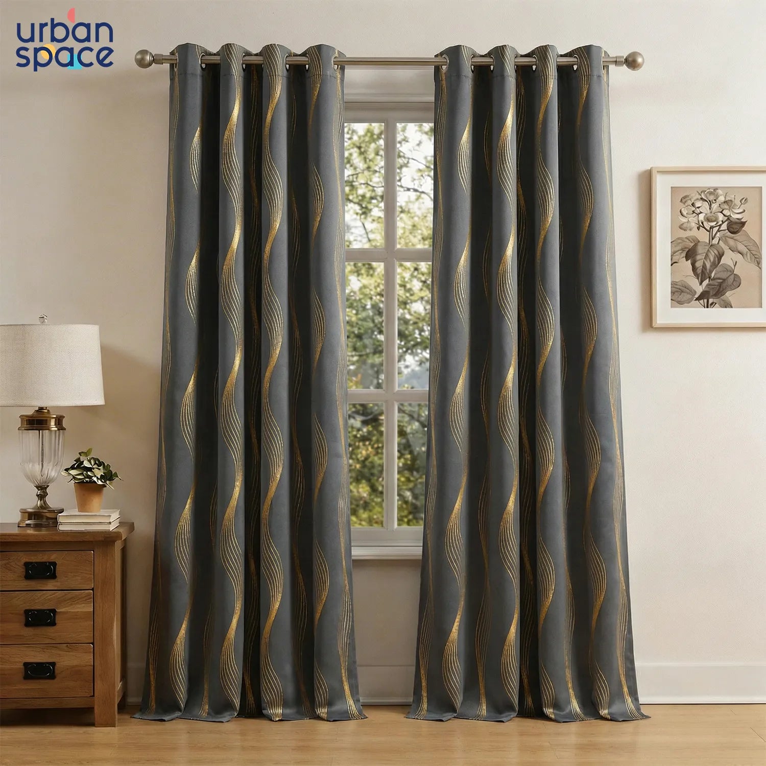 Gold Foil Printed 80-85% Blackout Curtains - Pack of 1 - Double Wave - Grey