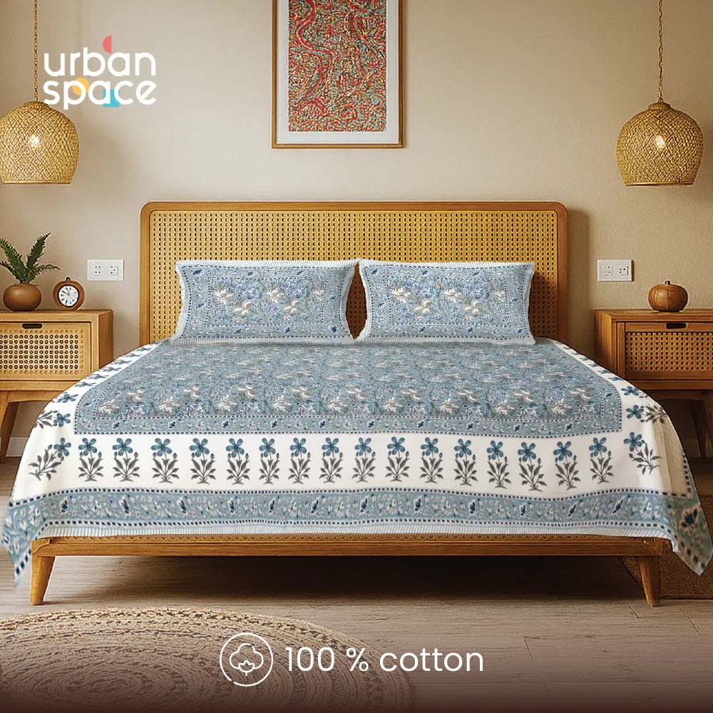 Rajasthani Ethnic 100% Cotton Bedsheet with 2 Pillow Covers, King Bed - Rangrez Blue