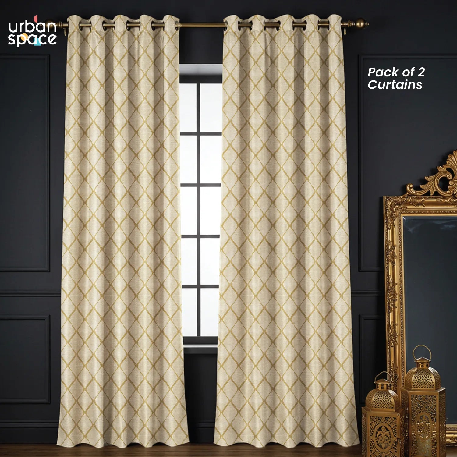 Premium Jacquard Curtains, 80-85% Light Blocking Door Curtains, Pack Of 2 - Brocade Beige