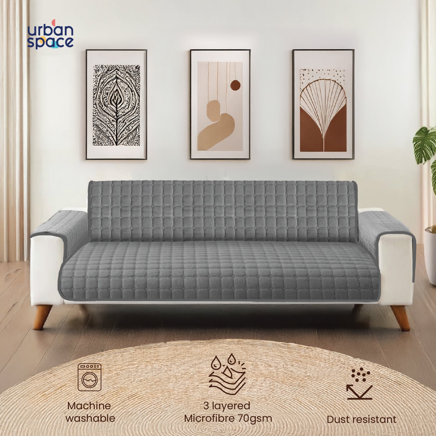 Quilted Microfiber Sofa Cover, Comes With Side Pockets & Strap, Washable - Grey