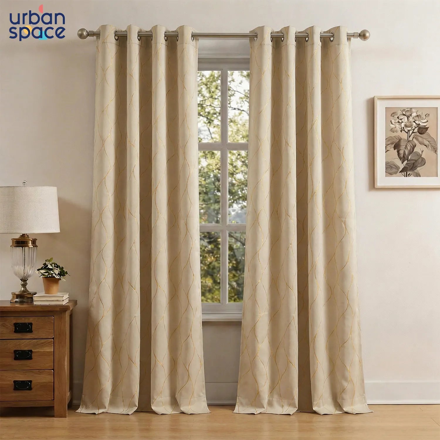 Gold Foil Printed 80-85% Blackout Curtains - Pack of 1 Curtain - Wave - Beige