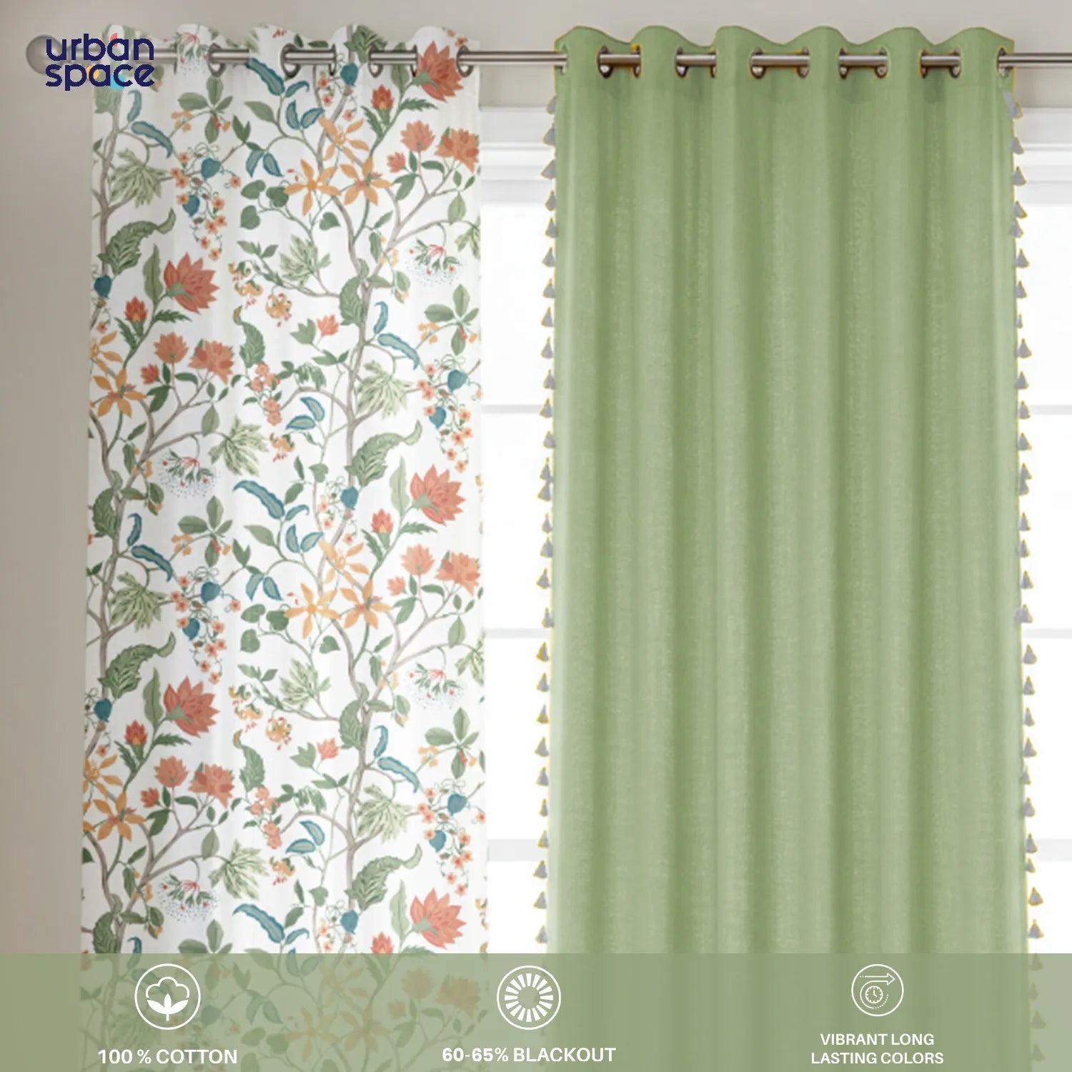 Noor & Aura Sage Green Room Darkening Cotton Curtains Combo – Set of 3