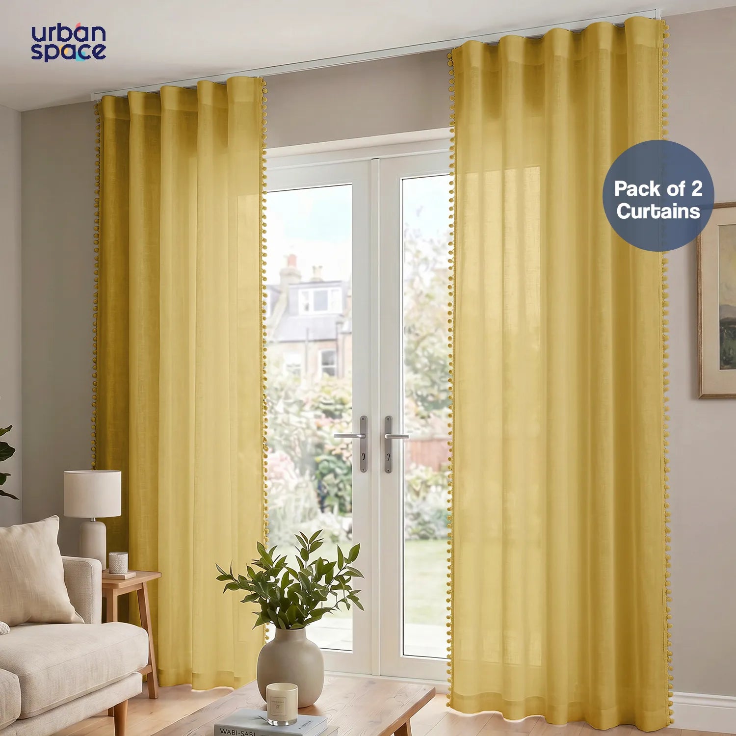 Sheer Curtain for Living Room with linen texture & Track Channel, Net Curtain for balcony, Pack of 2 Curtains -  Mustard with pom pom