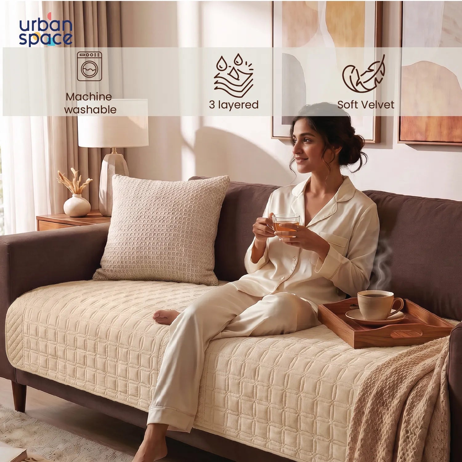 Anti Skid Quilted Velvet Sofa Mats, Box Grid - Cuboid Beige