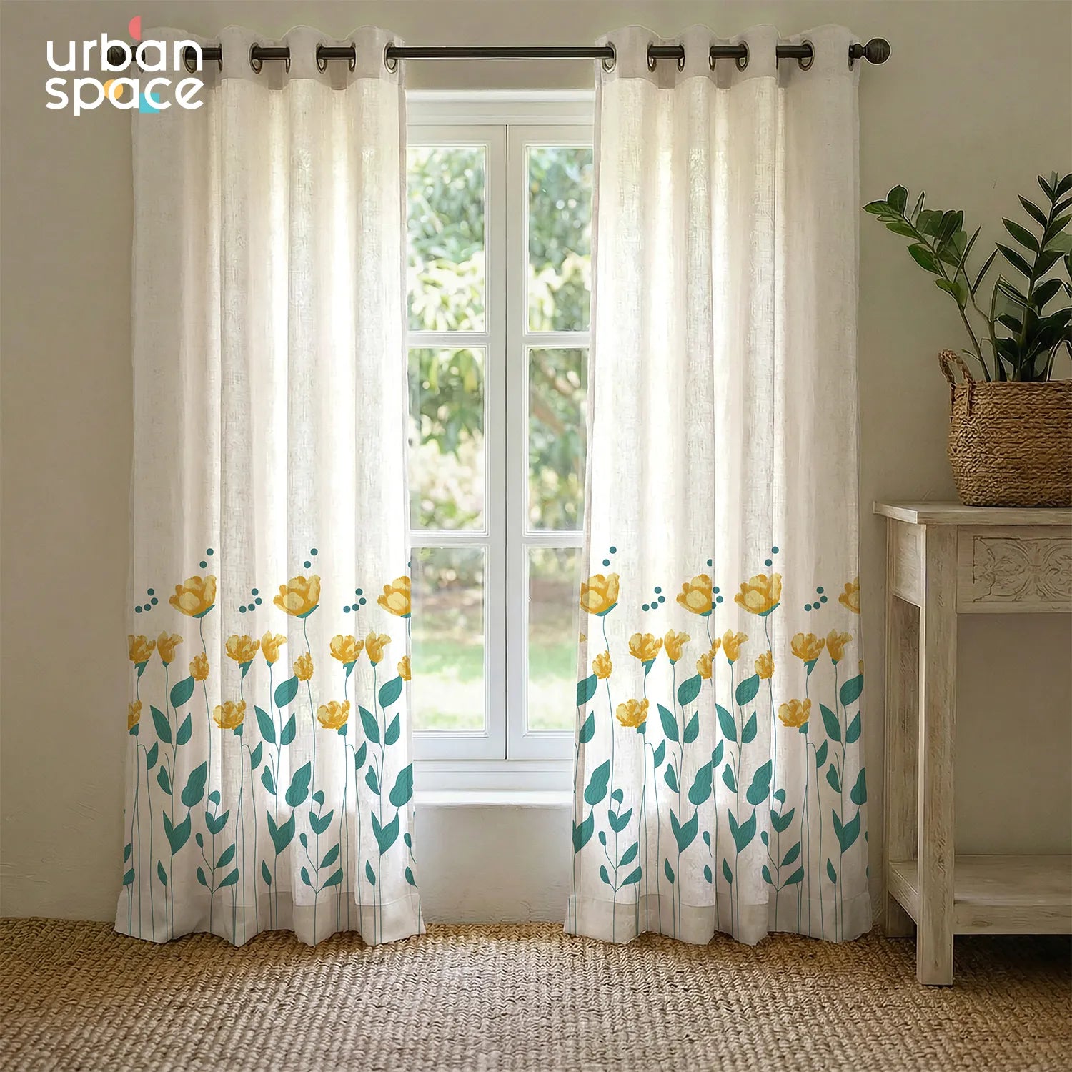 100% Cotton Curtains for Living Room, Bedroom Curtains, Pack of 2 curtains - Sunny Blooms Yellow