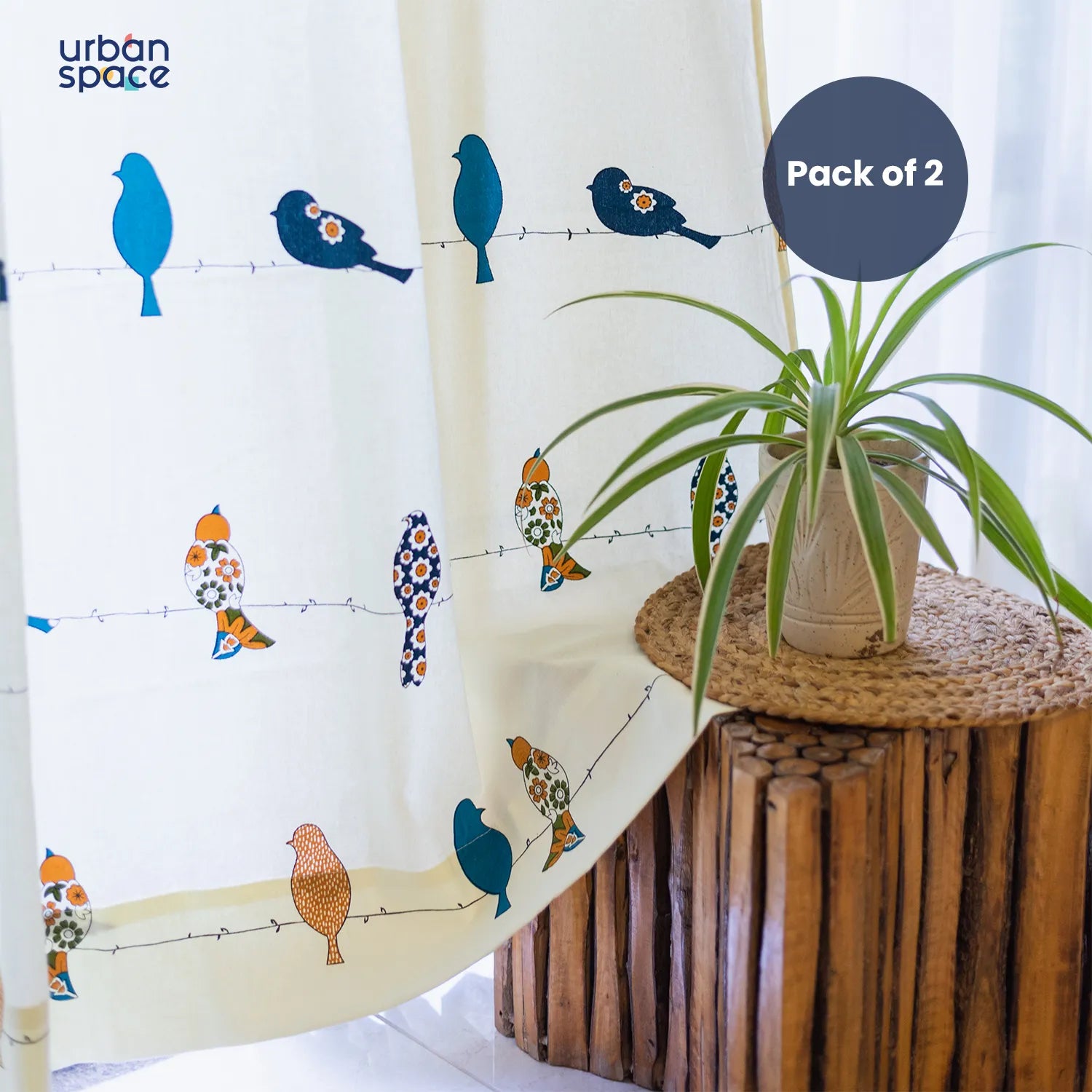 100% Pure Cotton Curtains For Kids Room, Pack of 2 Curtains - Humming bird - Blue