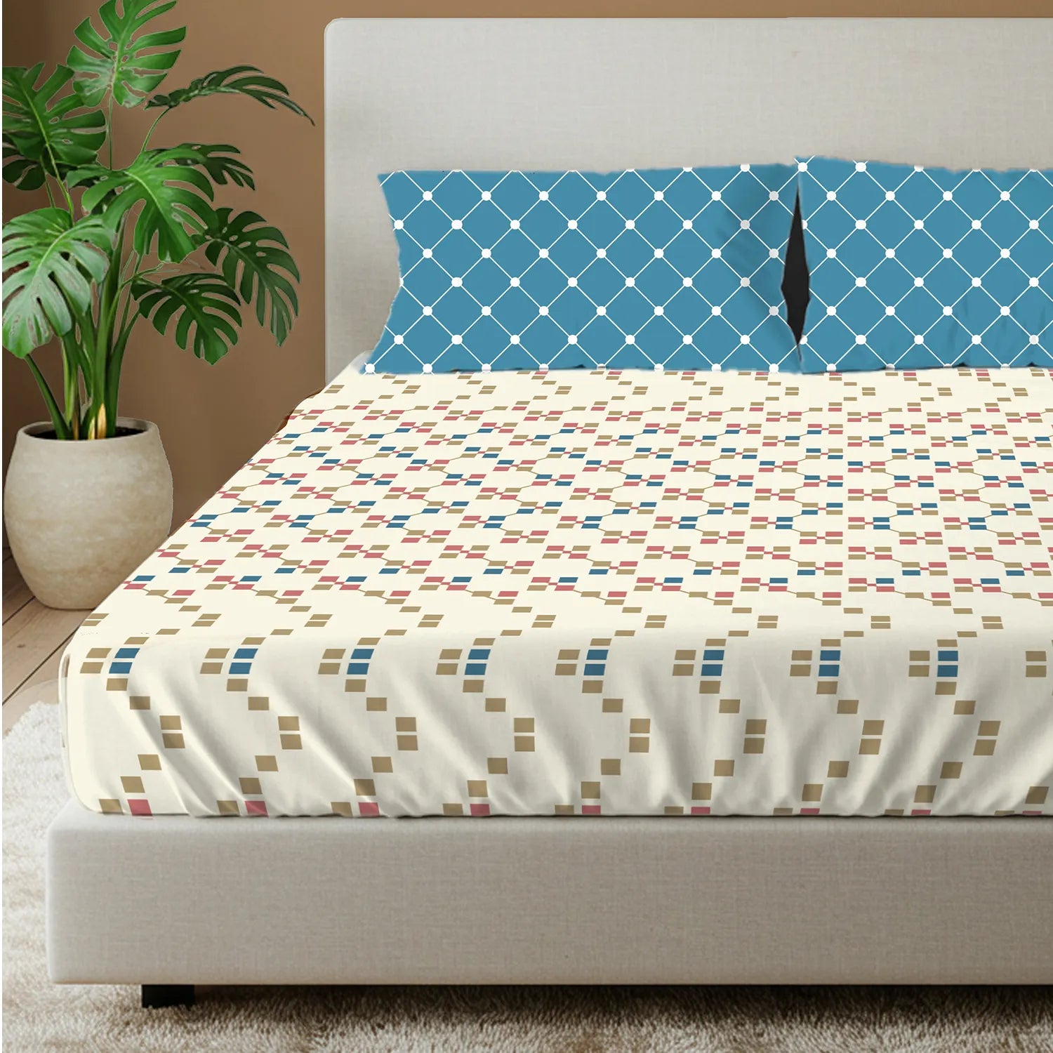 Divine Collection - Cotton Bedsheet With 2 Pillow Covers, Zen Blocks Blue