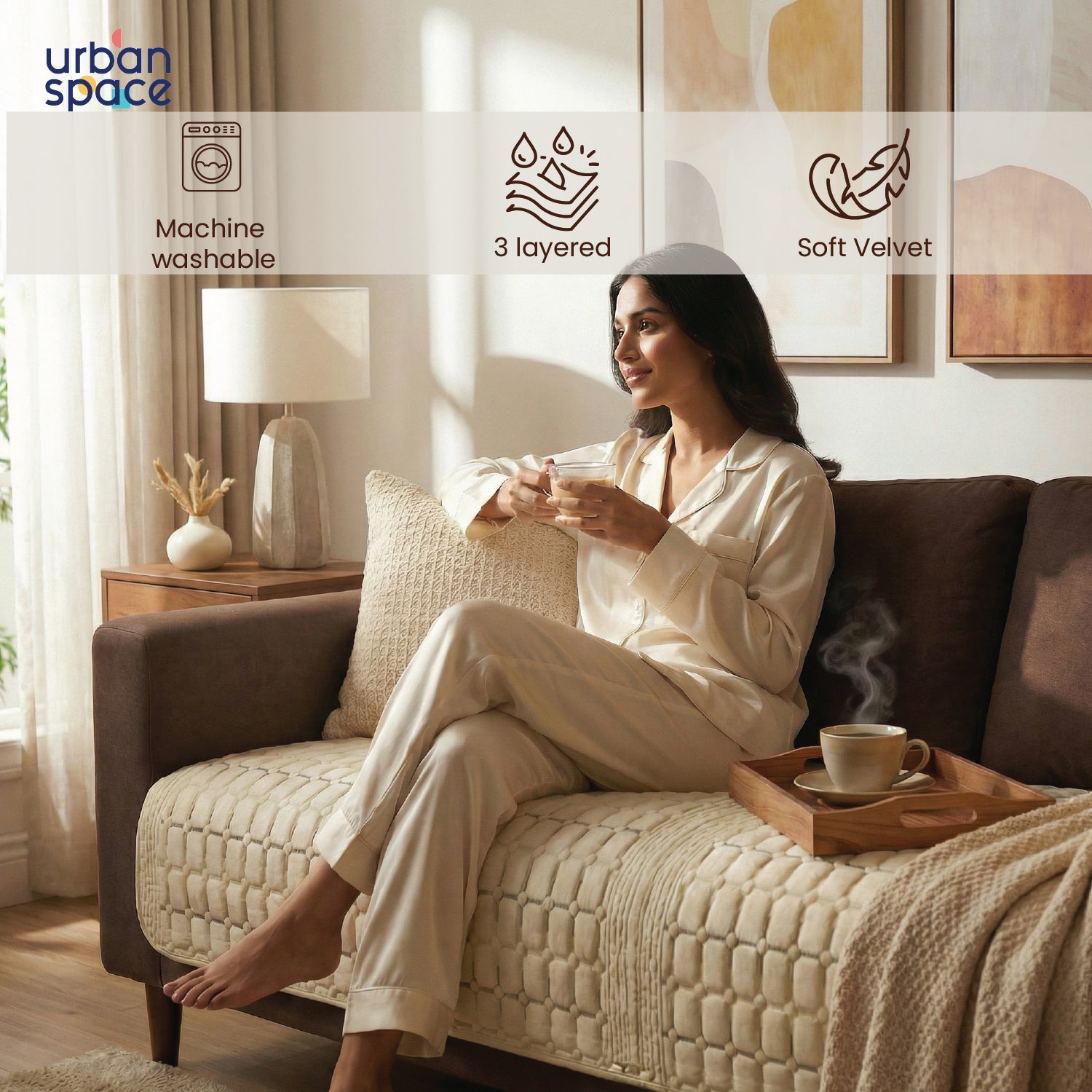 Anti Skid Quilted Velvet Sofa Mats, Box Grid - Beige