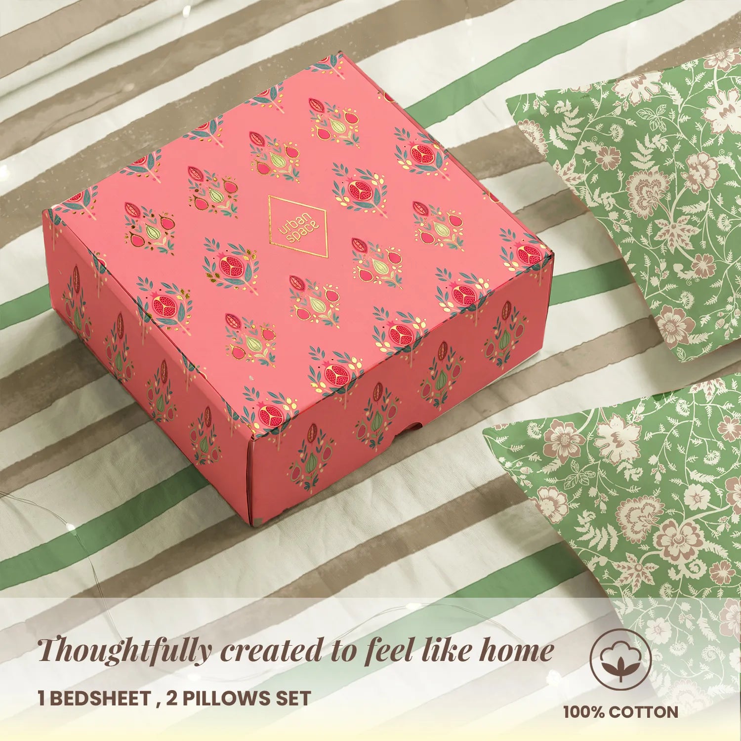 144 TC 100% Cotton Bedsheet Set in Gift Box - Streak Sage Green