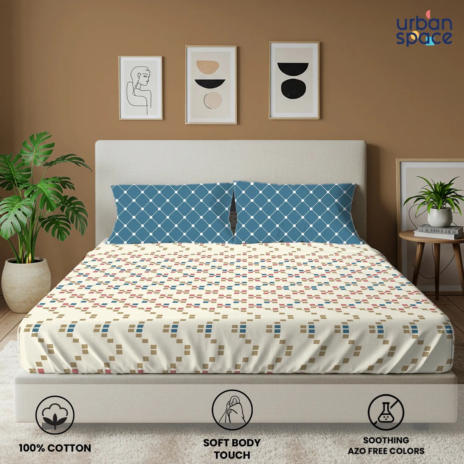 Divine Collection - Cotton Bedsheet With 2 Pillow Covers, Zen Blocks Blue