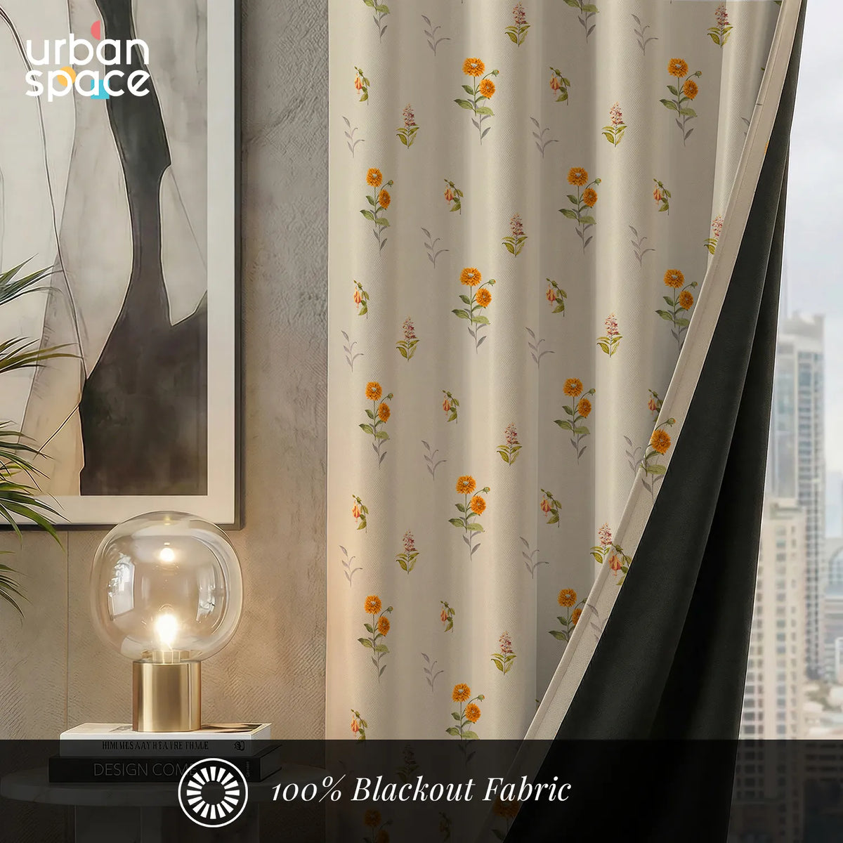 100% Blackout Curtains, Digital Printed Curtains, Pack of 2 Curtains - Cone Flower - Yellow