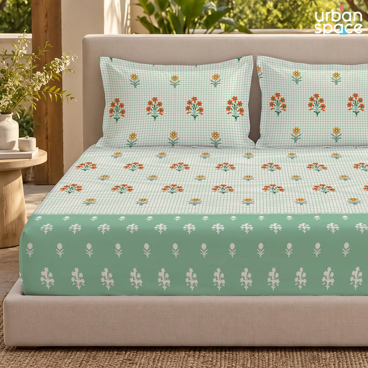 Divine Collection - Cotton Bedsheet With 2 Pillow Covers, Magnolia Sage Green