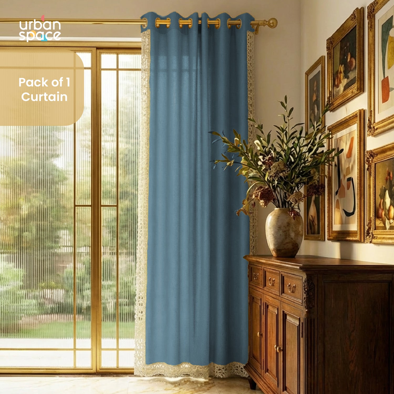 Premium 100% Cotton Curtain for Window & Curtains for Door with Lace Trim - Pack of 1, Aura Dusty Blue