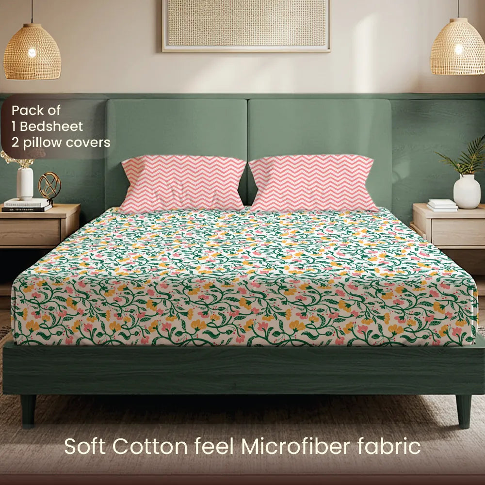 200 TC Glaced Cotton Microfiber Bedsheet with Pillow Covers - Kashmir