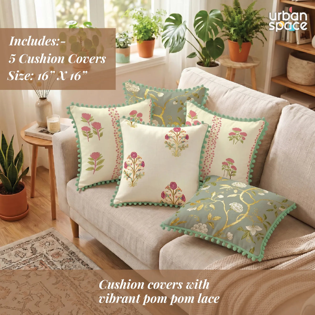 Table Cover + 5 Cushion Cover Combo Set, Zari Baagh Sage Green Gold