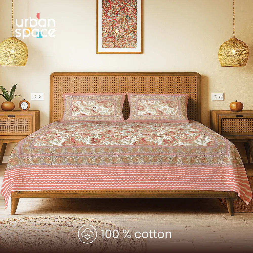 Rajasthani Ethnic 100% Cotton Bedsheet with 2 Pillow Covers, Double & King Bed - Rangmahal