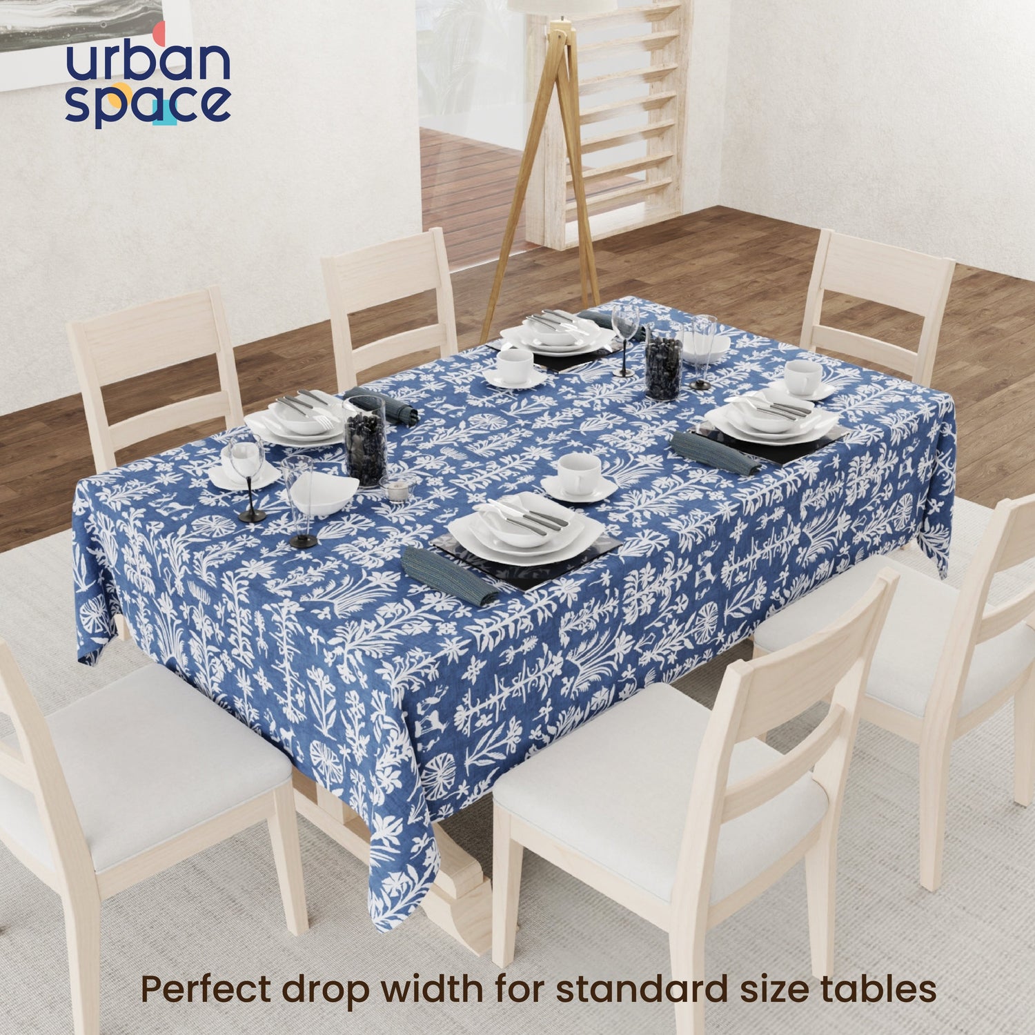 Digital Printed Table Cover - Water Resistant, Full Size Table Cloth - Twigs Indigo Blue
