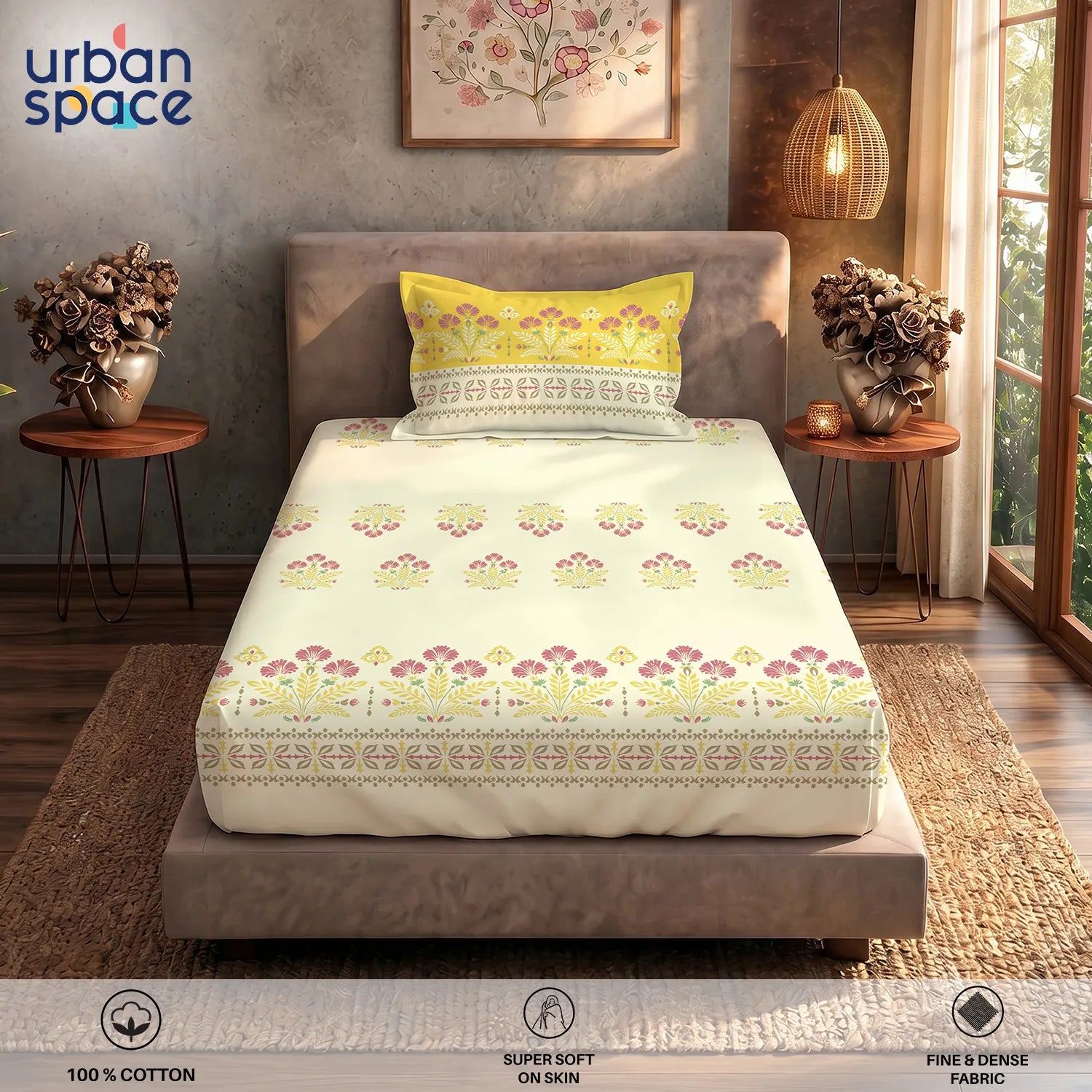 Serene 200 TC 100% Cotton Single Bedsheet with Pillow Covers - Malhaar Mustard Yellow